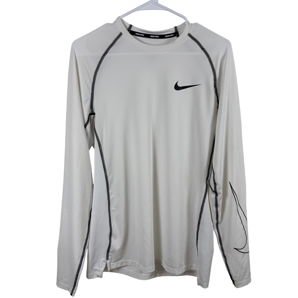 Nike Pro Dri-Fit Athletic Shirt Mens M White Long Sleeve Slim Fit Activewear Gym